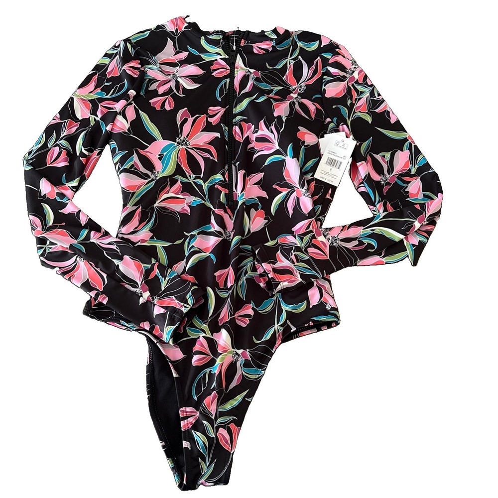 VOLCOM Women's Size Small Floral Cheeky Sexy UV 50 Swimsuit Surf long slv New